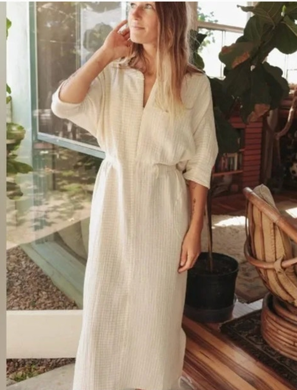 ODDBIRD Sz M/L Ruya Tunic Dress Cream Beige Stripe Cotton Gauze